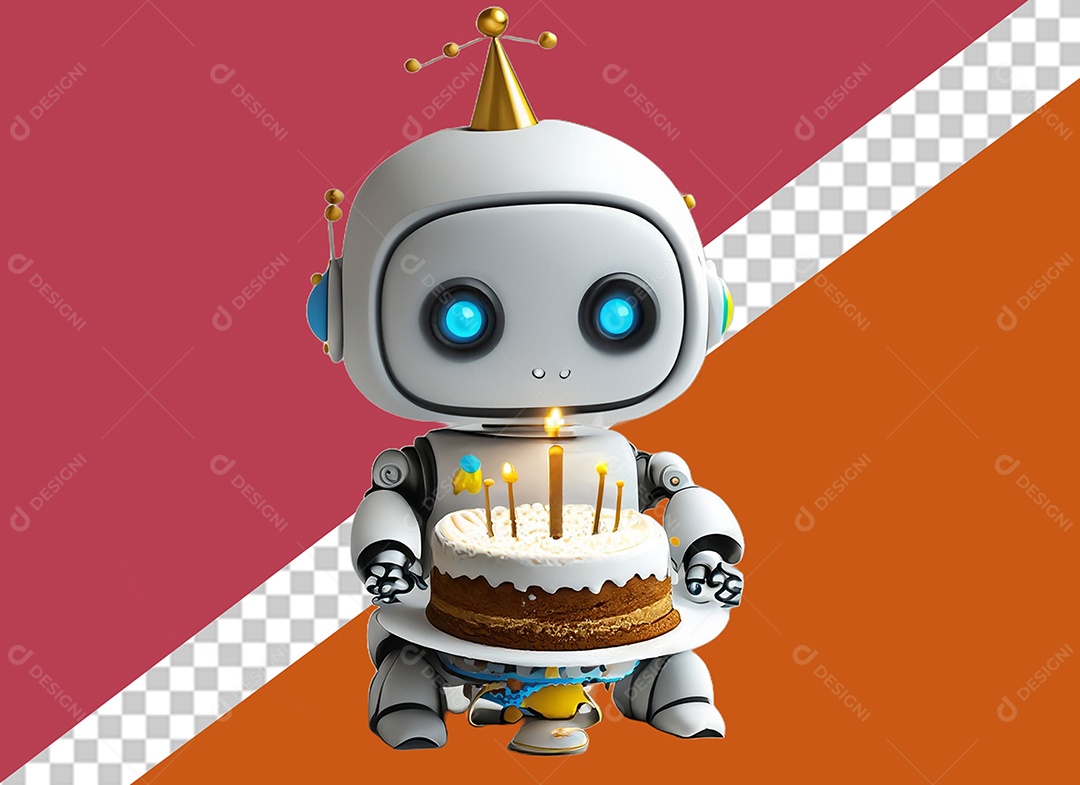 Robô Branco 3D Segurando Bolo de Aniversário Festa Eventos Elemento para Composição PSD