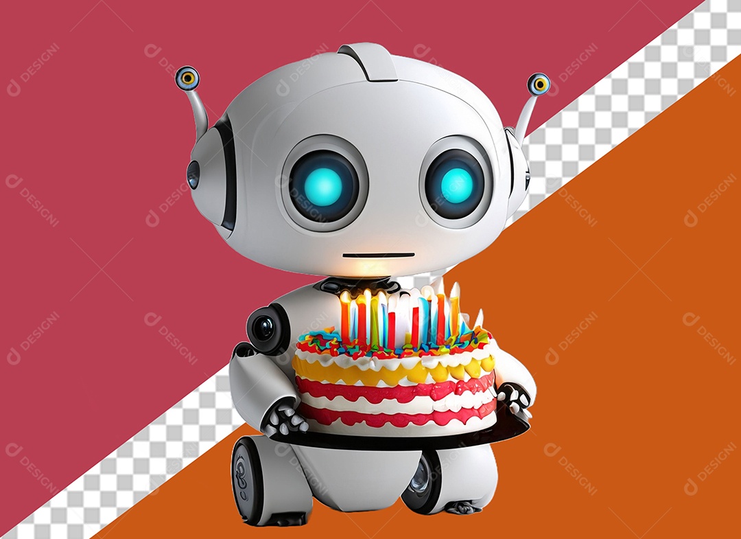 Robô Branco 3D Segurando Bolo de Aniversário Festa Eventos Elemento para Composição PSD