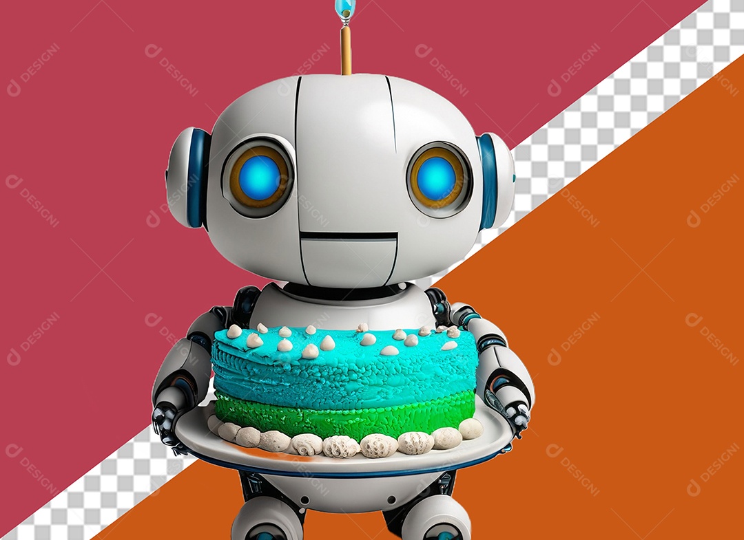 Robô Branco 3D Segurando Bolo de Aniversário Festa Eventos Elemento para Composição PSD