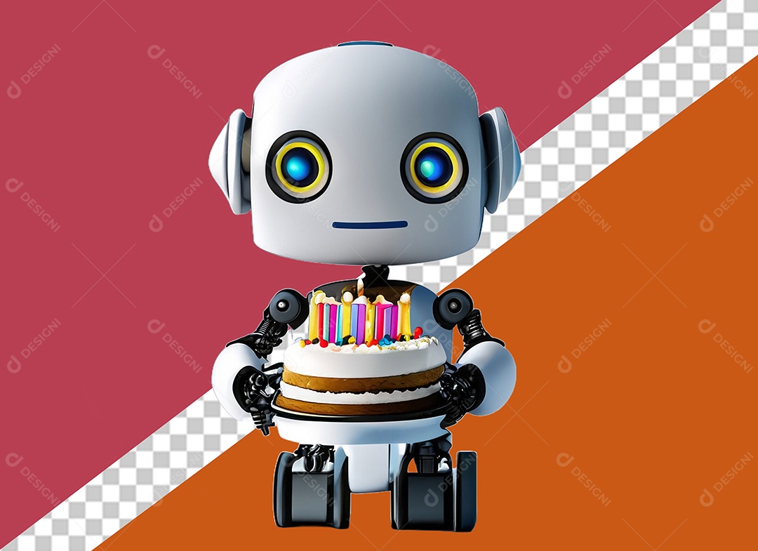 Robô Branco 3D Segurando Bolo de Aniversário Festa Eventos Elemento para Composição PSD