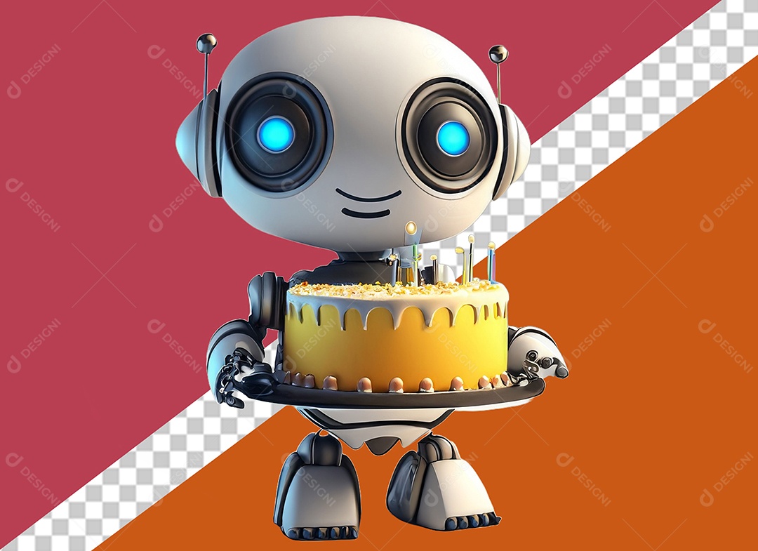 Robô Branco 3D Segurando Bolo de Aniversário Festa Eventos Elemento para Composição PSD