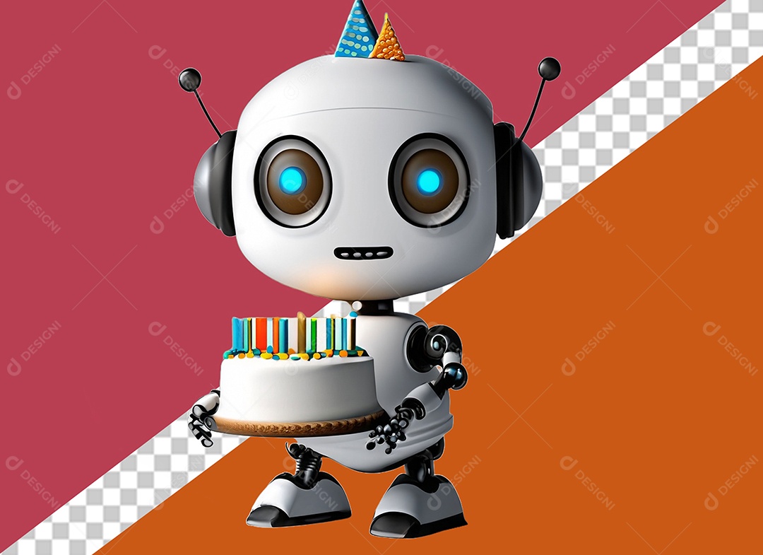 Robô Branco 3D Segurando Bolo de Aniversário Festa Eventos Elemento para Composição PSD