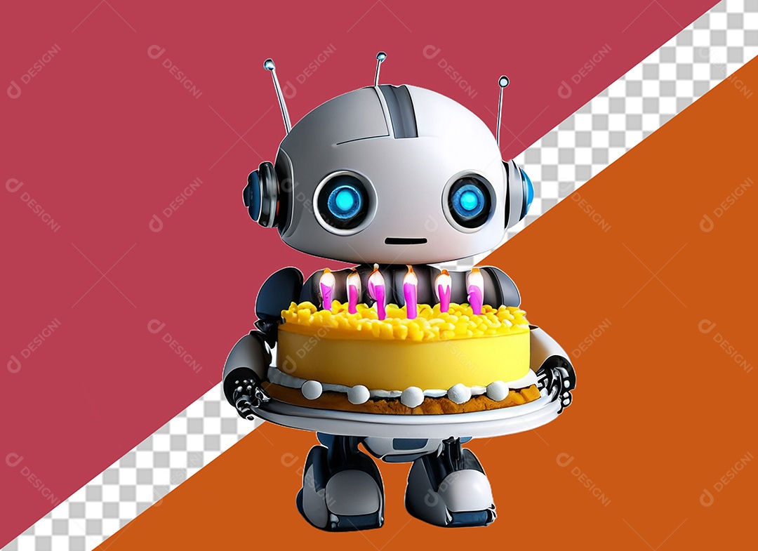 Robô Branco 3D Segurando Bolo de Aniversário Festa Eventos Elemento para Composição PSD