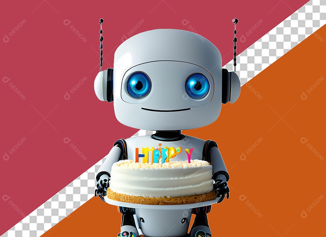 Robô Branco 3D Segurando Bolo de Aniversário com Texto Happy Festa Eventos Elemento para Composição PSD