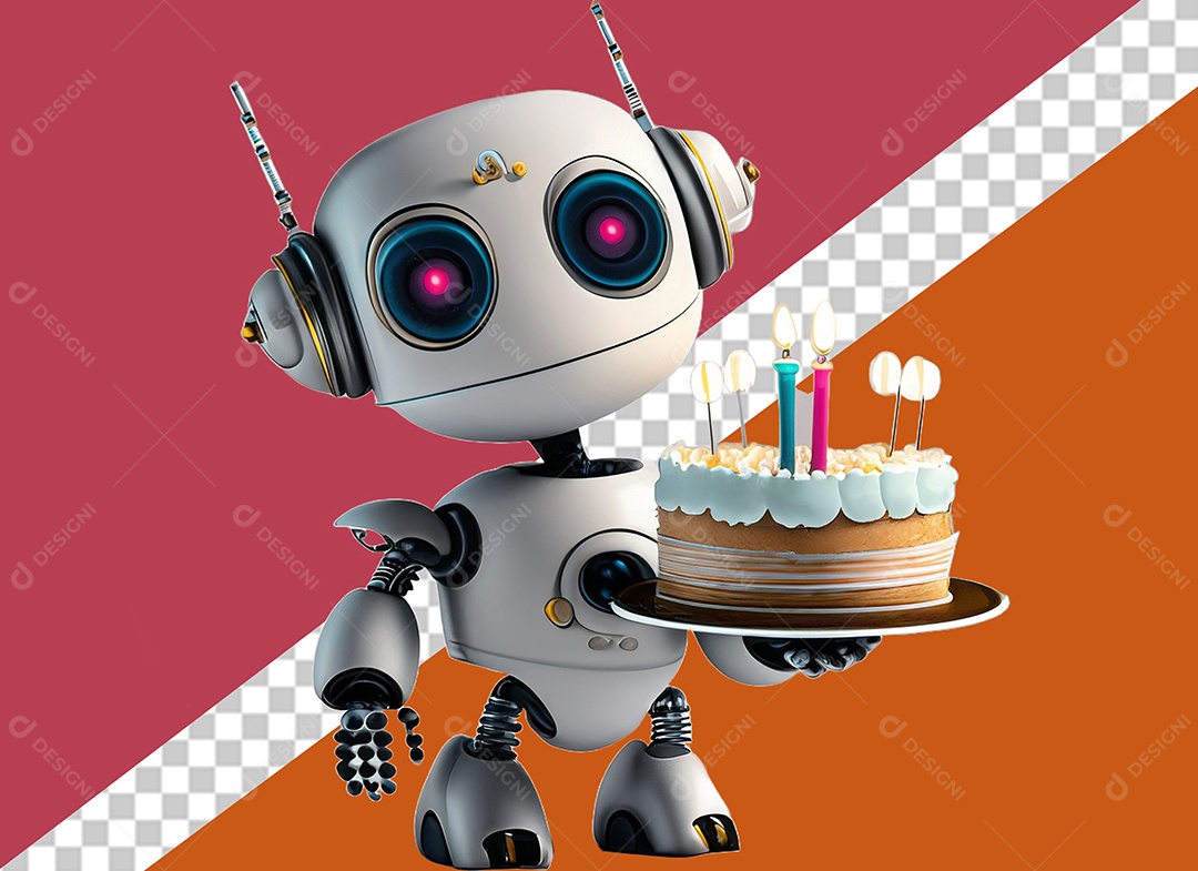 Robô Branco 3D Segurando Bolo de Aniversário Festa Eventos Elemento para Composição PSD