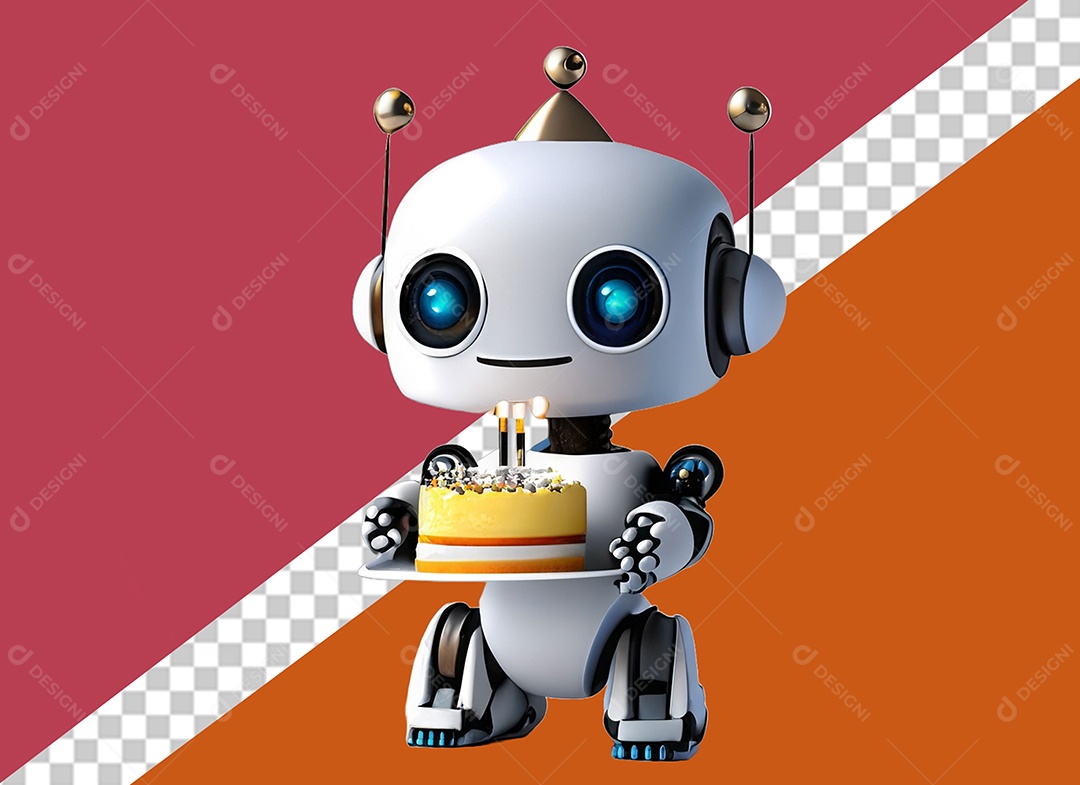 Robô Branco 3D Segurando Bolo de Aniversário Festa Eventos Elemento para Composição PSD