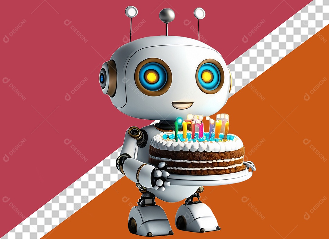 Robô Branco 3D Segurando Bolo de Aniversário Festa Eventos Elemento para Composição PSD