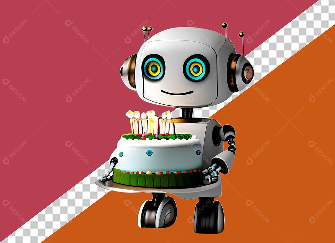 Robô Branco 3D Segurando Bolo de Aniversário Festa Eventos Elemento para Composição PSD