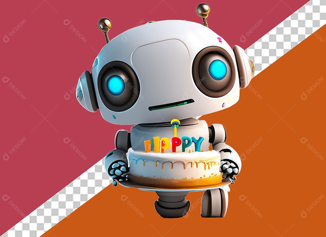 Robô Branco 3D Segurando Bolo de Aniversário com Texto Happy Festa Eventos Elemento para Composição PSD