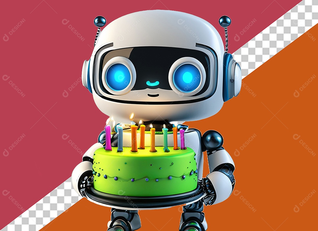 Robô Branco 3D Segurando Bolo de Aniversário Festa Eventos Elemento para Composição PSD