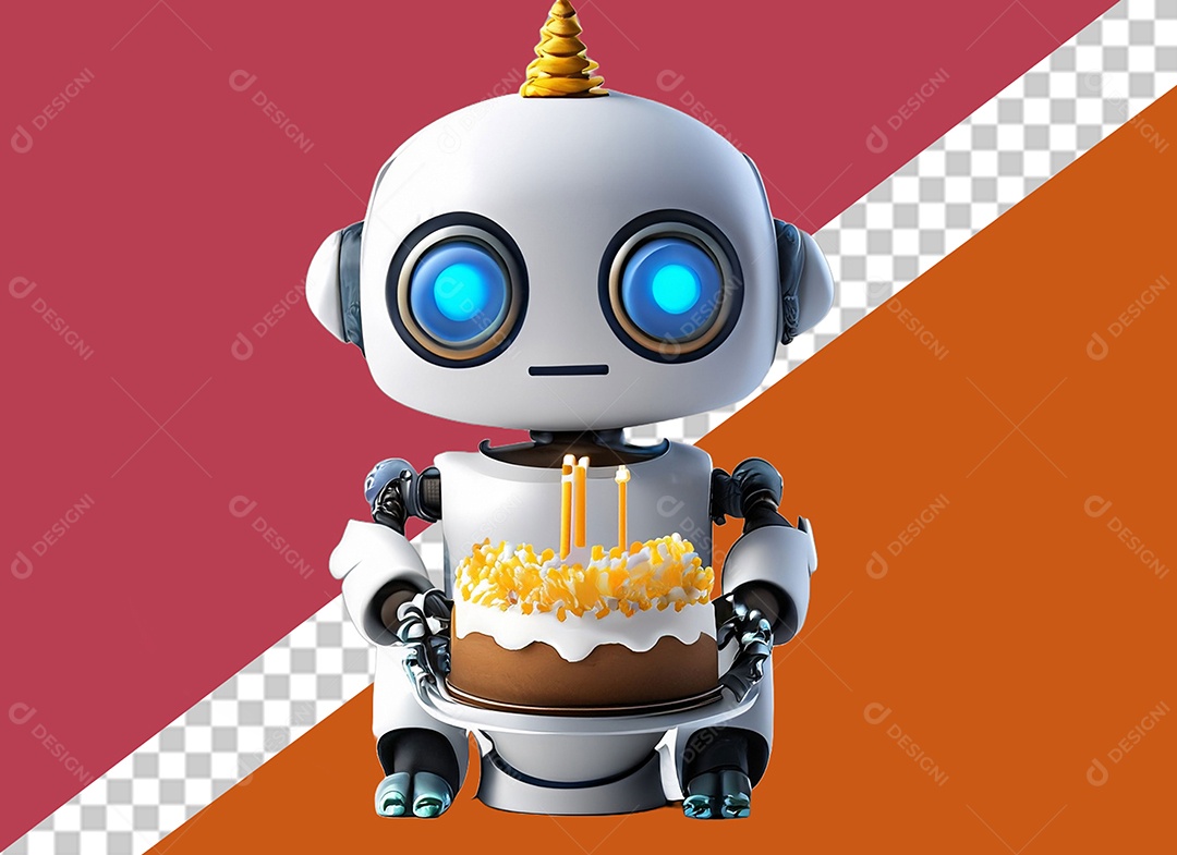 Robô Branco 3D Segurando Bolo de Aniversário Festa Eventos Elemento para Composição PSD
