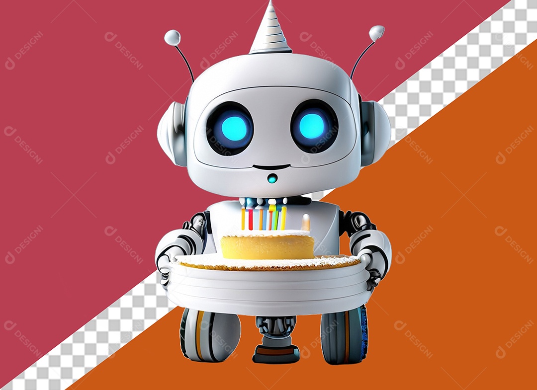 Robô Branco com Chapéu de Aniversário 3D Segurando Bolo de Aniversário Festa Eventos Elemento para Composição PSD