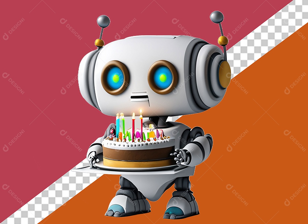 Robô Branco 3D Segurando Bolo de Aniversário Festa Eventos Elemento para Composição PSD