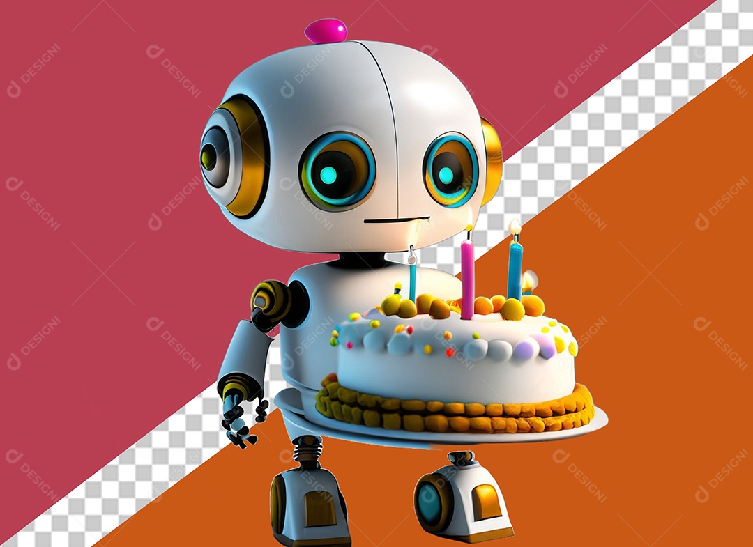Robô Branco 3D Segurando Bolo de Aniversário Festa Eventos Elemento para Composição PSD
