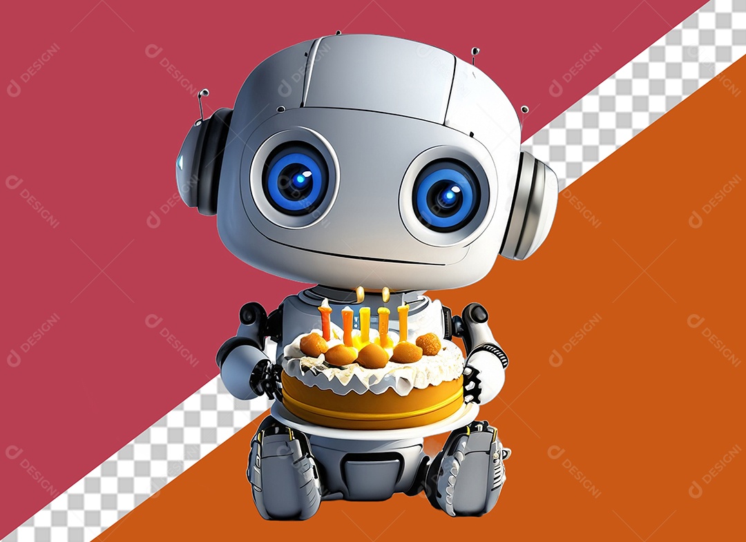 Robô Branco 3D Segurando Bolo de Aniversário Festa Eventos Elemento para Composição PSD