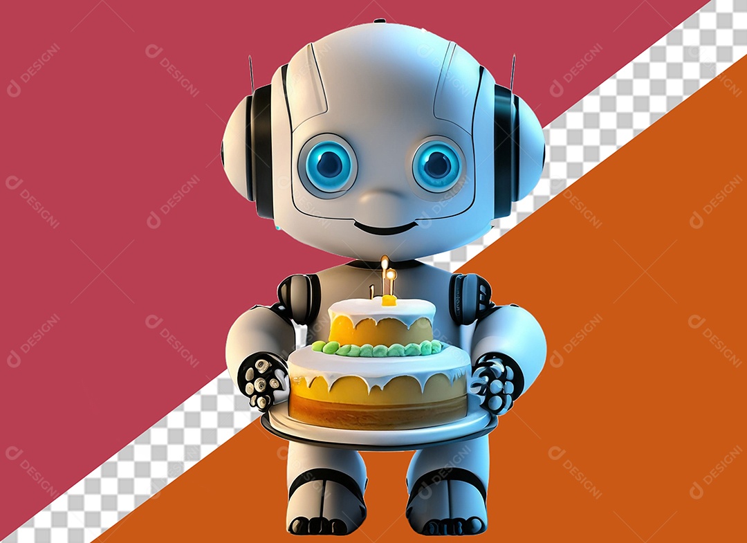 Elemento Robô Branco 3D Segurando Bolo de Aniversário Festa Eventos para Composição PSD