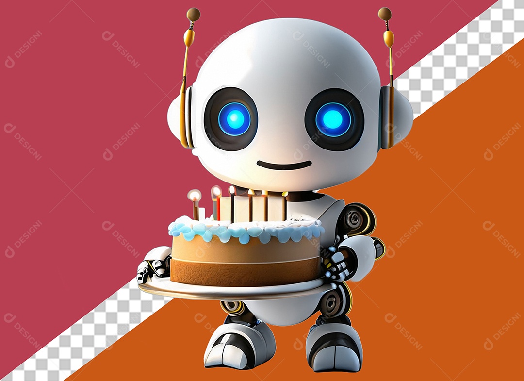 Elemento Robô Branco 3D Segurando Bolo de Aniversário Festa Eventos para Composição PSD