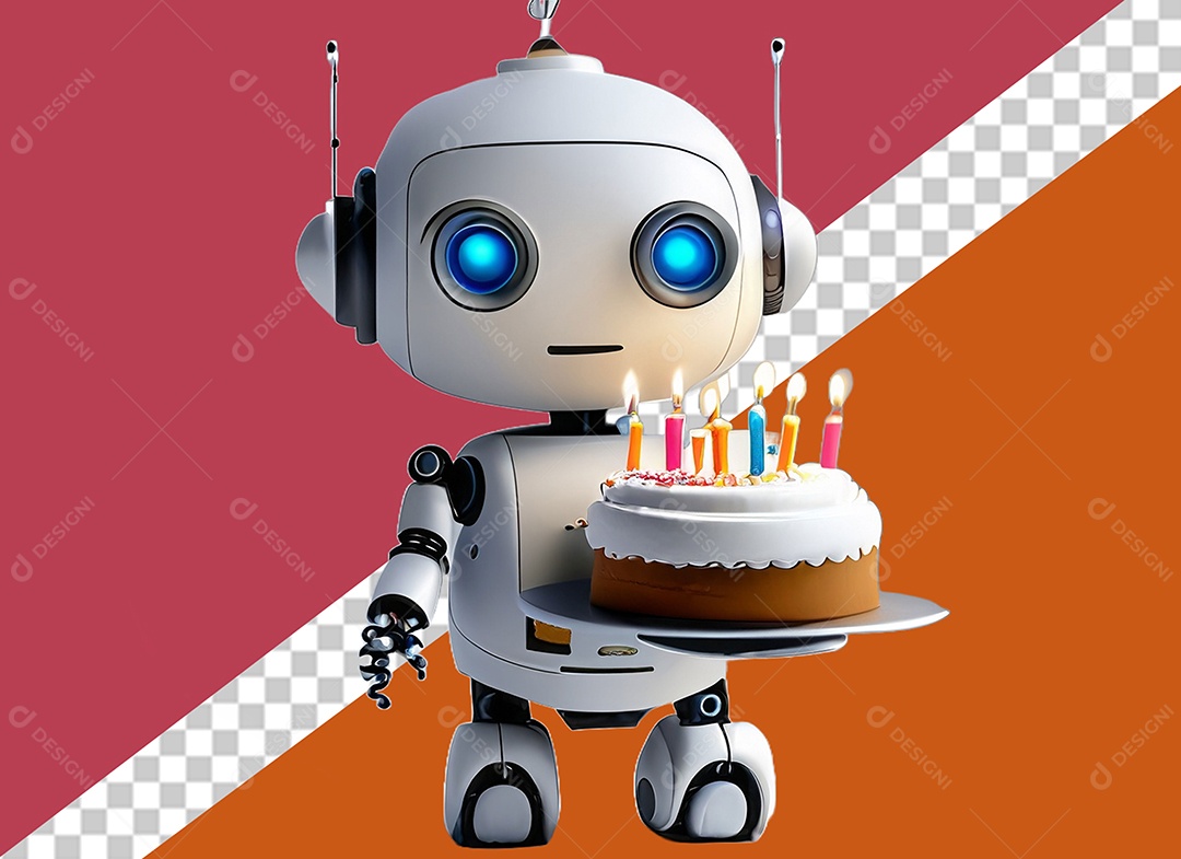 Elemento Robô Branco 3D Segurando Bolo de Aniversário Festa Eventos para Composição PSD
