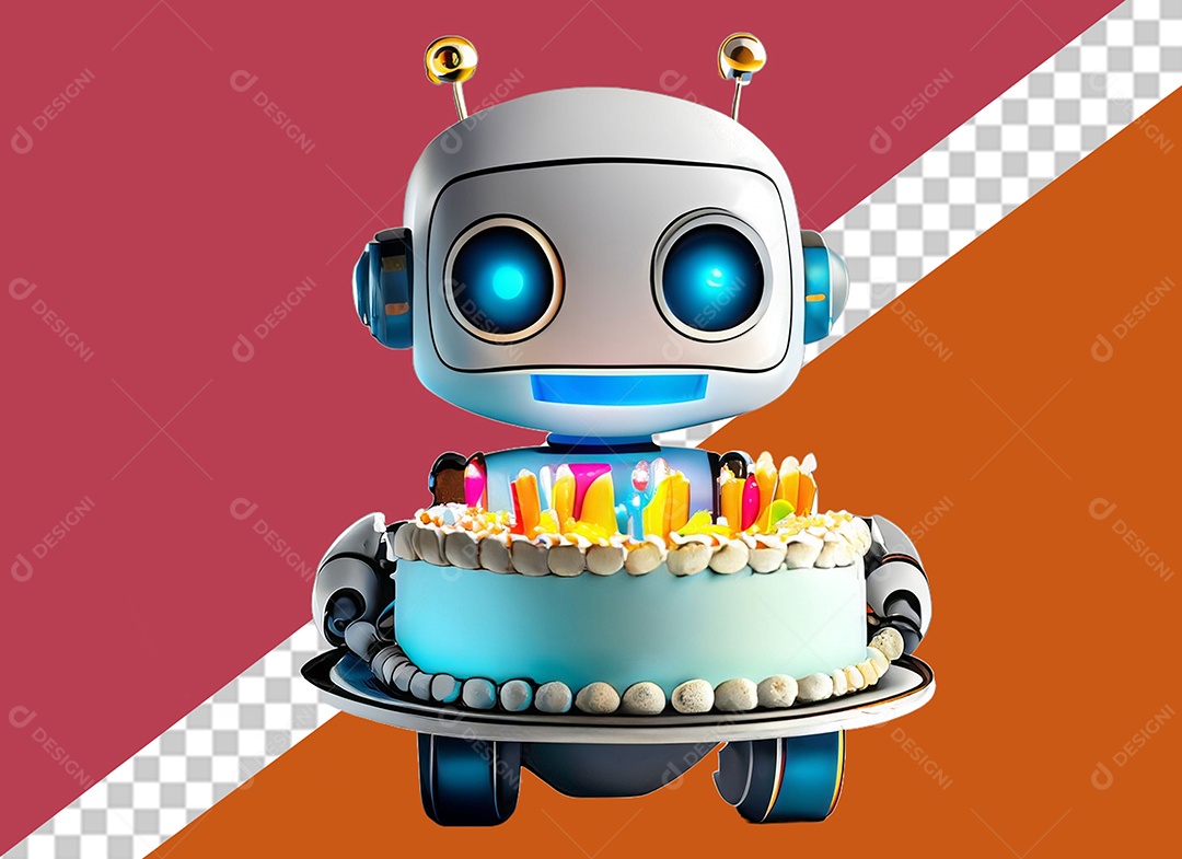 Elemento Robô Branco 3D Segurando Bolo de Aniversário Festa Eventos para Composição PSD
