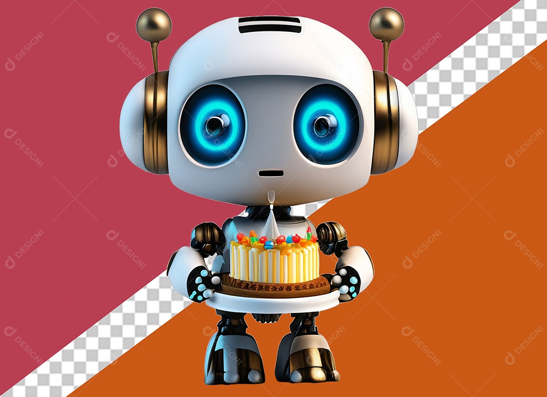 Elemento Robô Branco 3D Segurando Bolo de Aniversário Festa Eventos para Composição PSD