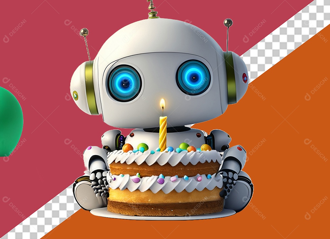 Robô Branco 3D Segurando Bolo de Aniversário Festa Eventos Elemento para Composição PSD