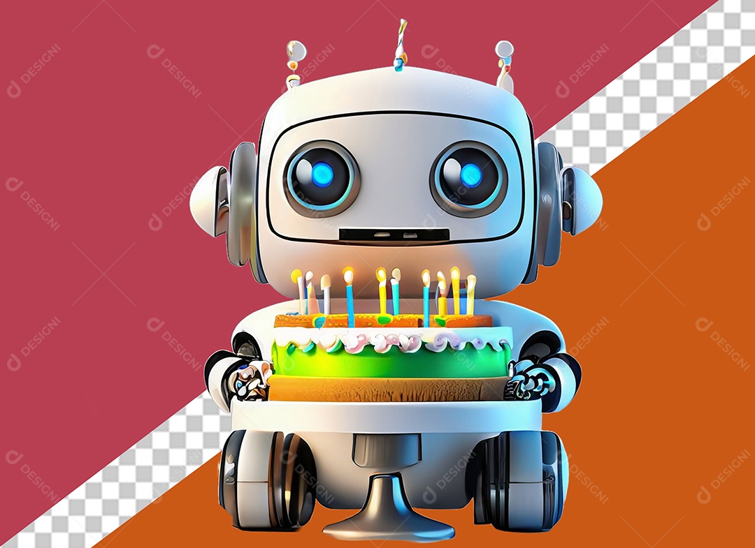 Robô Branco 3D Segurando Bolo de Aniversário Festa Eventos Elemento para Composição PSD