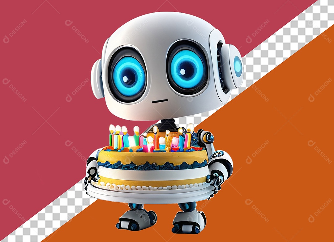 Robô Branco 3D Segurando Bolo de Aniversário Festa Eventos Elemento para Composição PSD