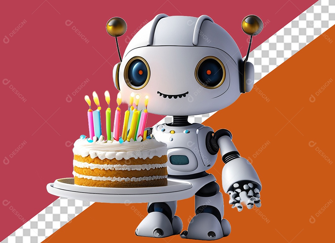 Robô Branco 3D Segurando Bolo de Aniversário Festa Eventos Elemento para Composição PSD