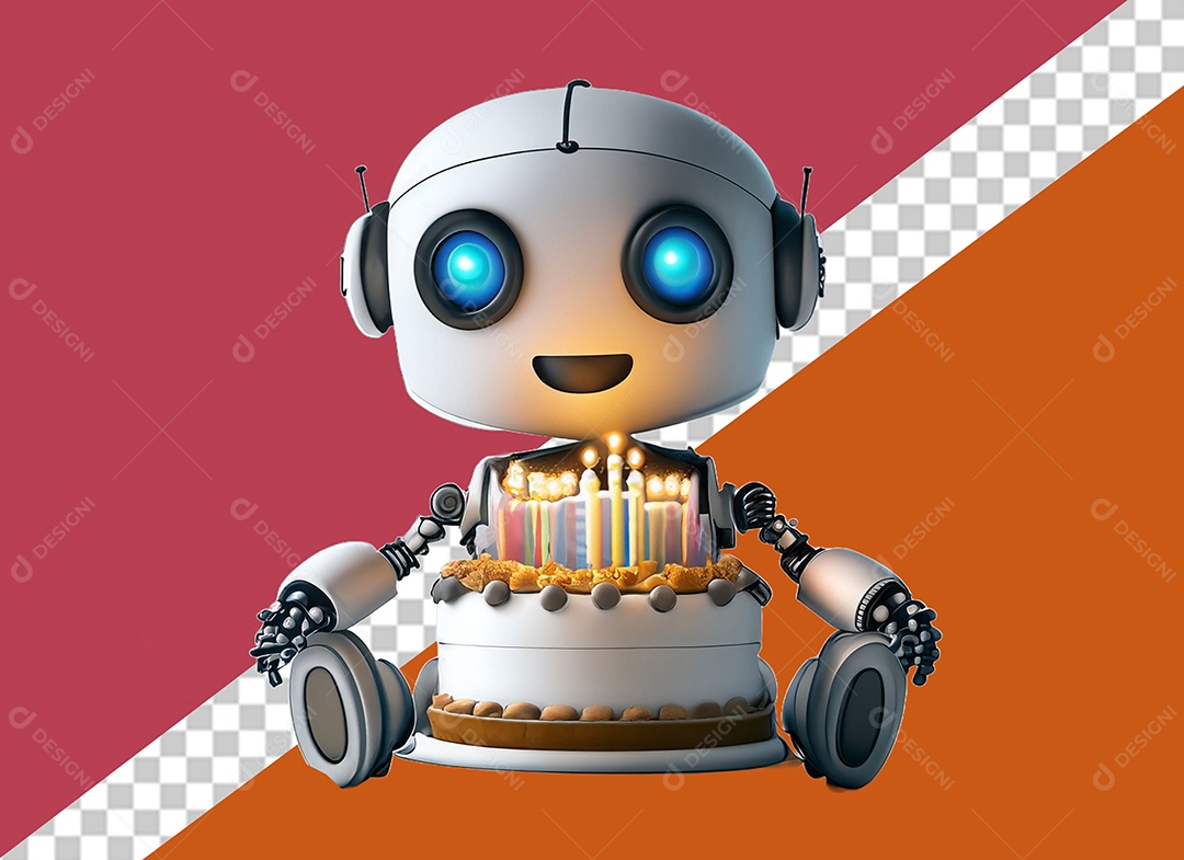 Robô Branco 3D Segurando Bolo de Aniversário Festa Eventos Elemento para Composição PSD