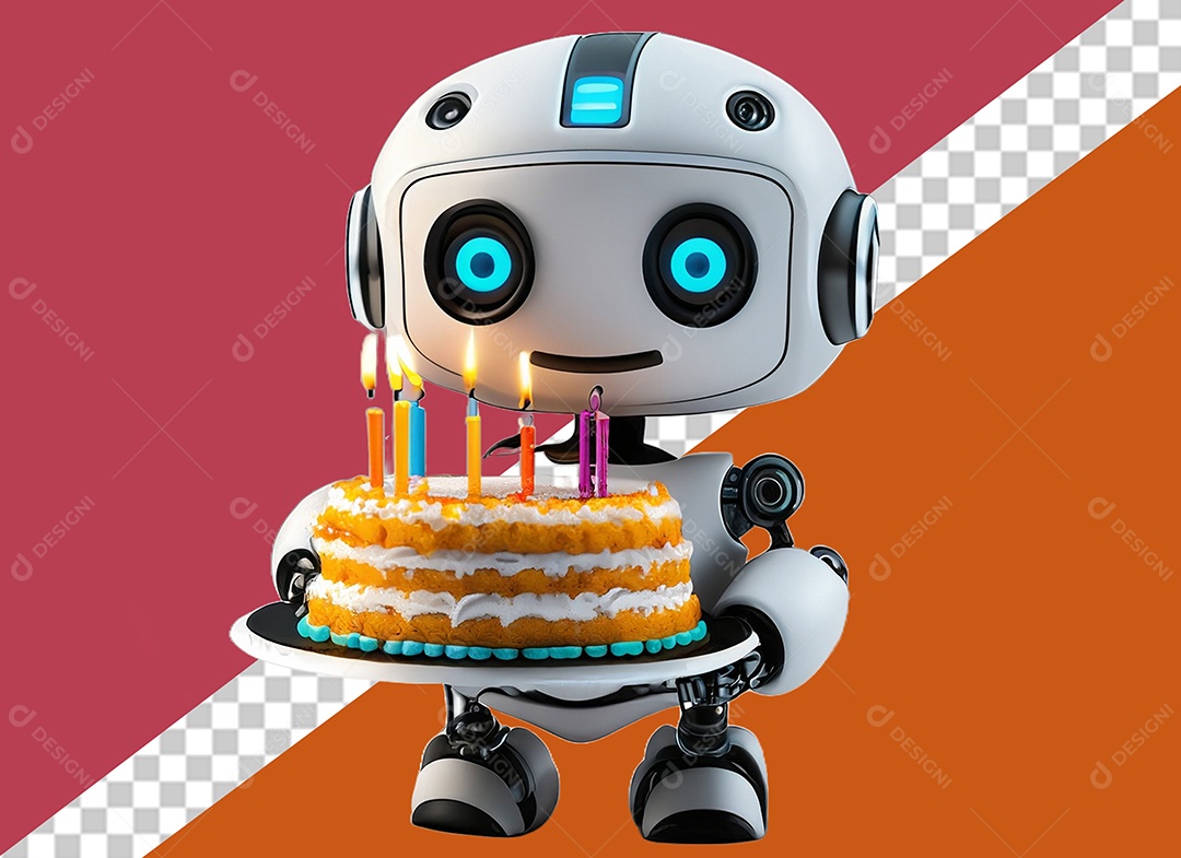 Robô Branco 3D Segurando Bolo de Aniversário Festa Eventos Elemento para Composição PSD