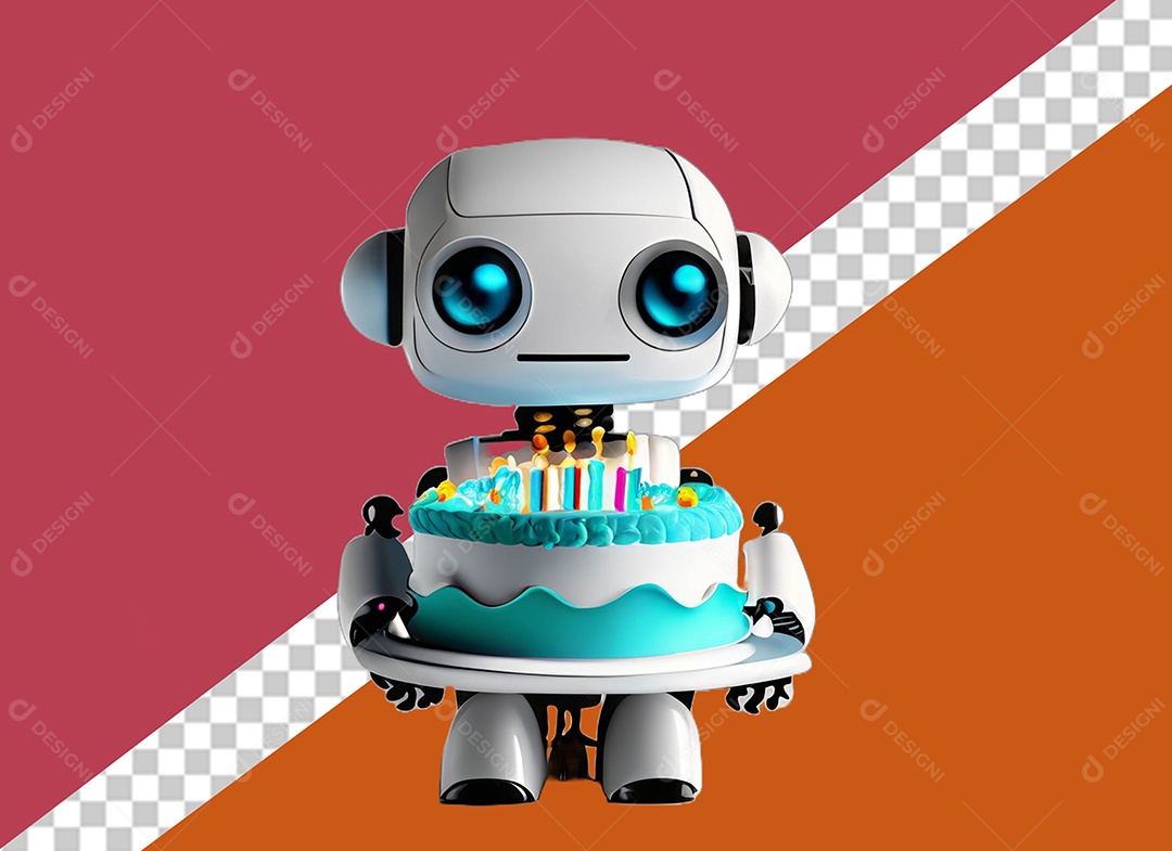 Robô Branco 3D Segurando Bolo de Aniversário Festa Eventos Elemento para Composição PSD
