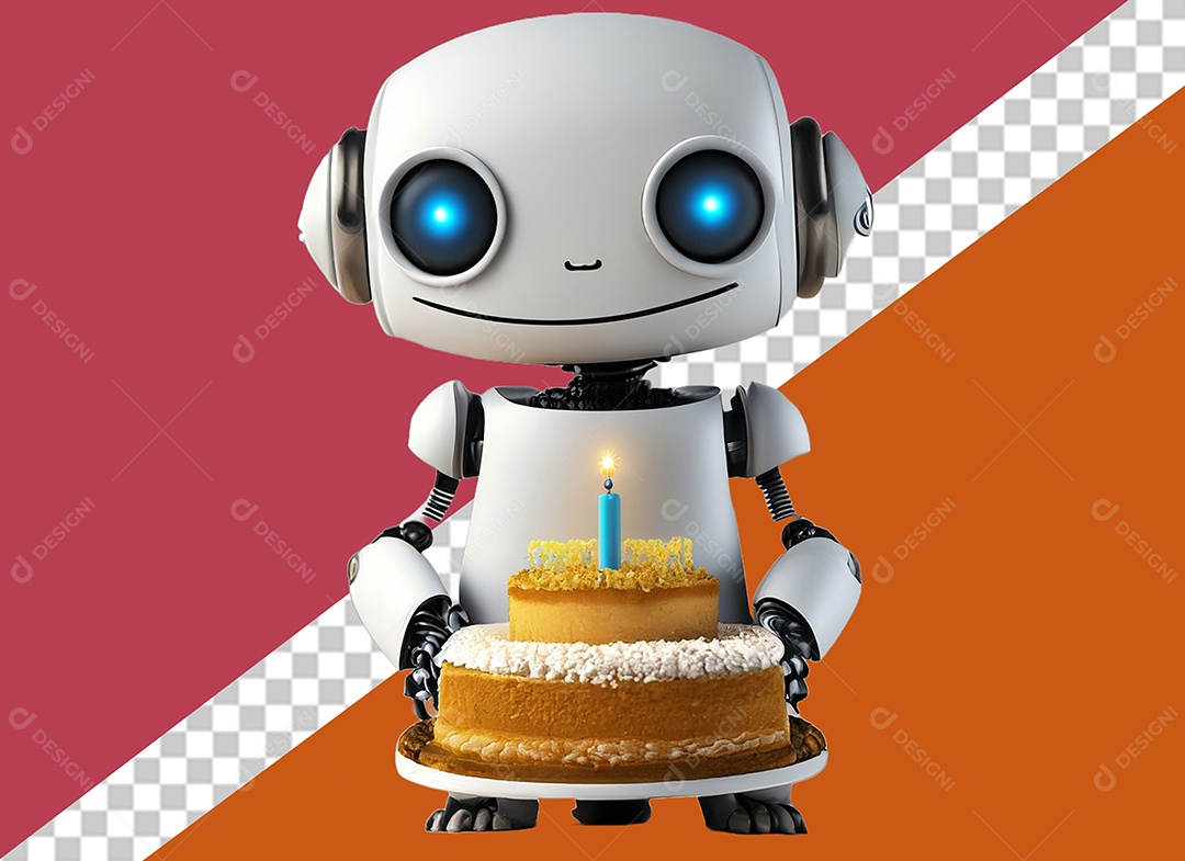 Robô Branco 3D Segurando Bolo de Aniversário Colorido Elemento para Composição PSD