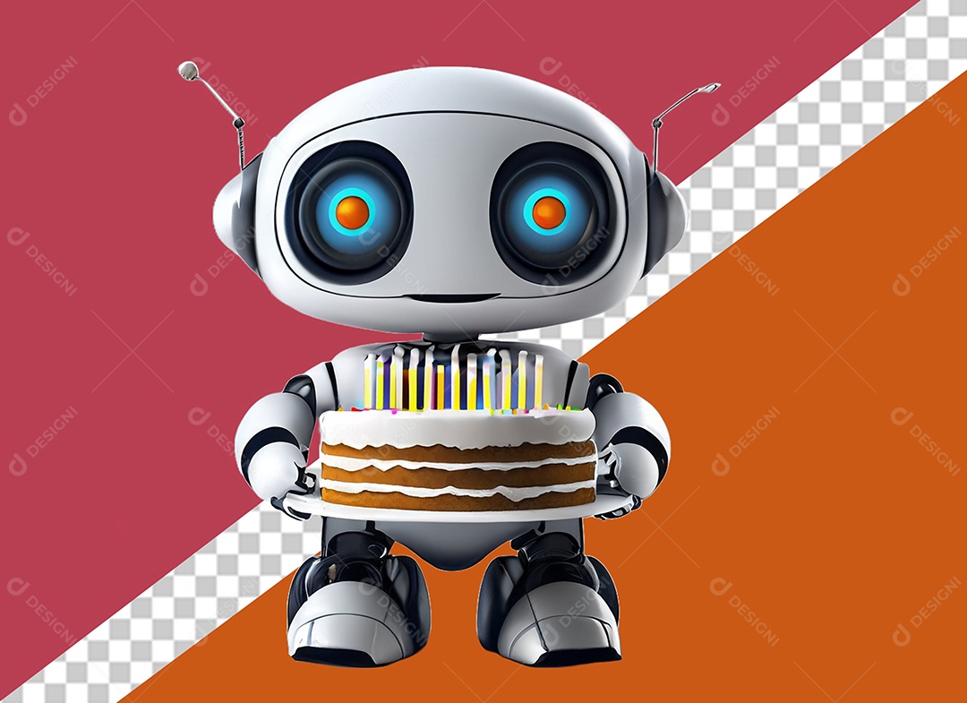Robô Branco 3D Segurando Bolo de Aniversário Colorido Elemento para Composição PSD
