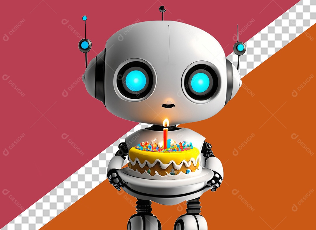Robô 3D Branco Segurando Bolo de Aniversário Elemento para Composição PSD