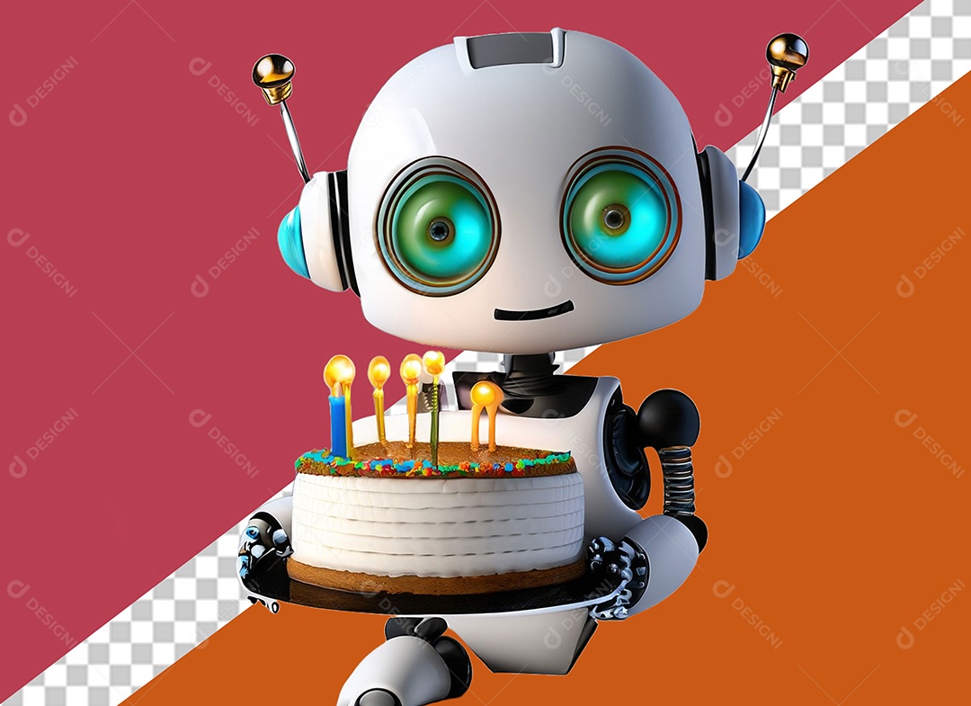 Robô 3D Branco Segurando Bolo de Aniversário Elemento para Composição PSD