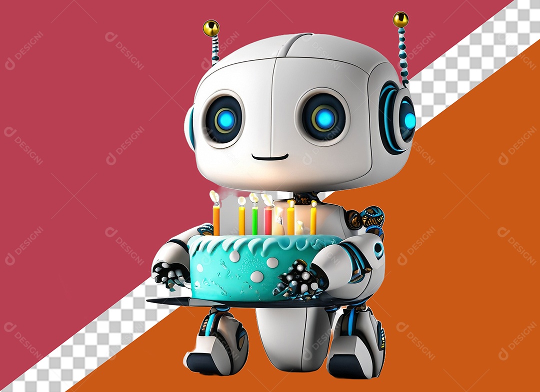 Robô 3D Branco Segurando Bolo de Aniversário Elemento para Composição PSD