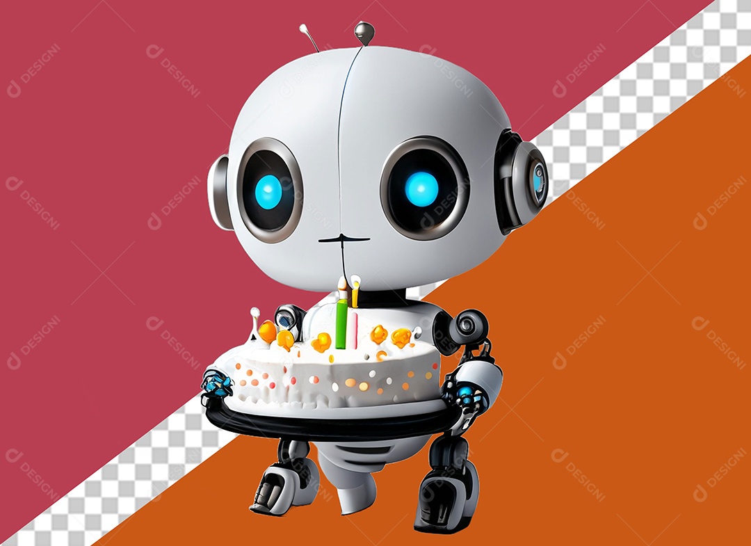 Robô 3D Branco Segurando Bolo de Aniversário Elemento para Composição PSD