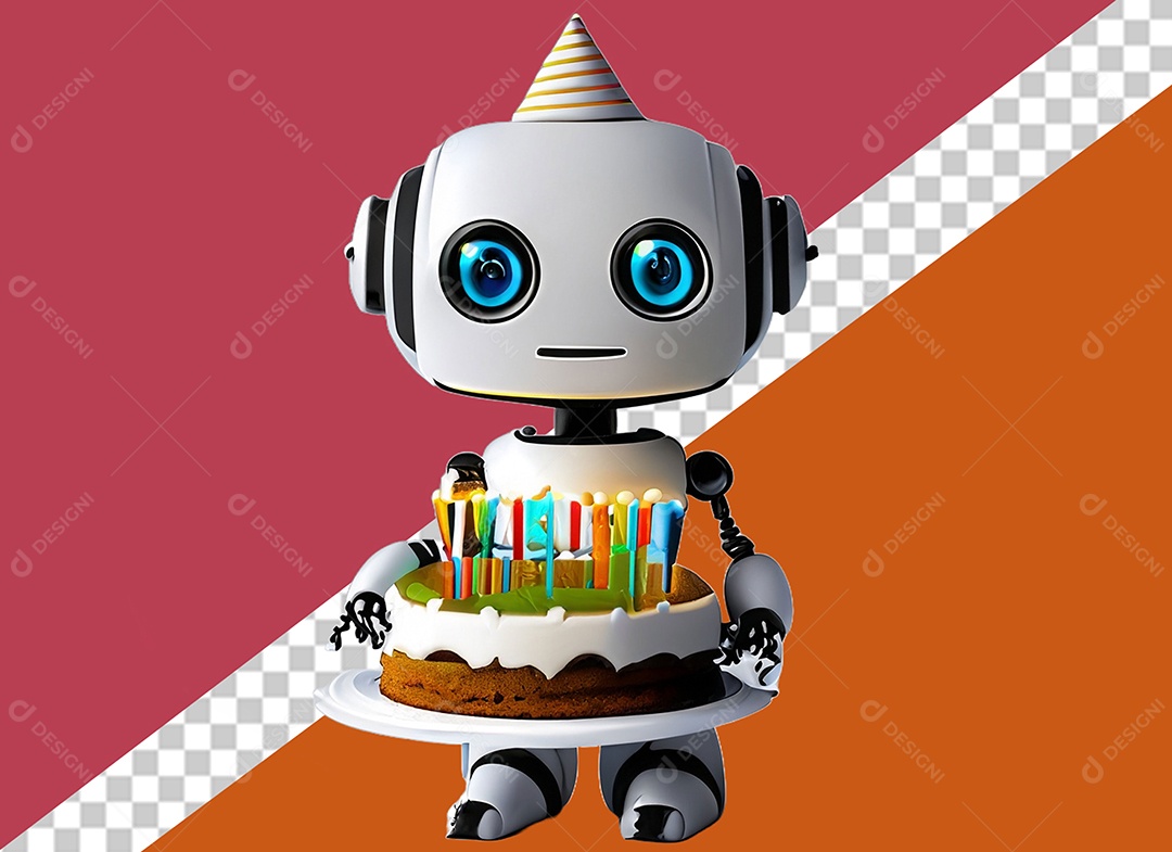 Robô 3D Branco Segurando Bolo de Aniversário Elemento para Composição PSD