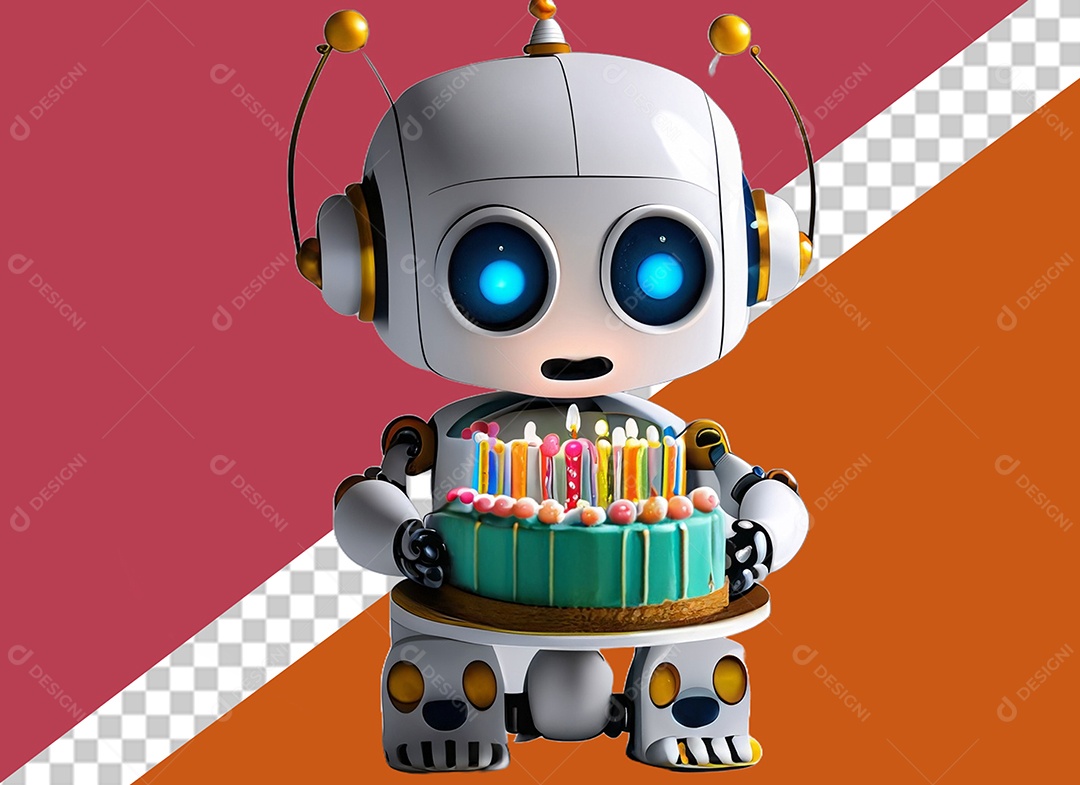 Elemento Robô 3D Branco Segurando Bolo de Aniversário para Composição PSD