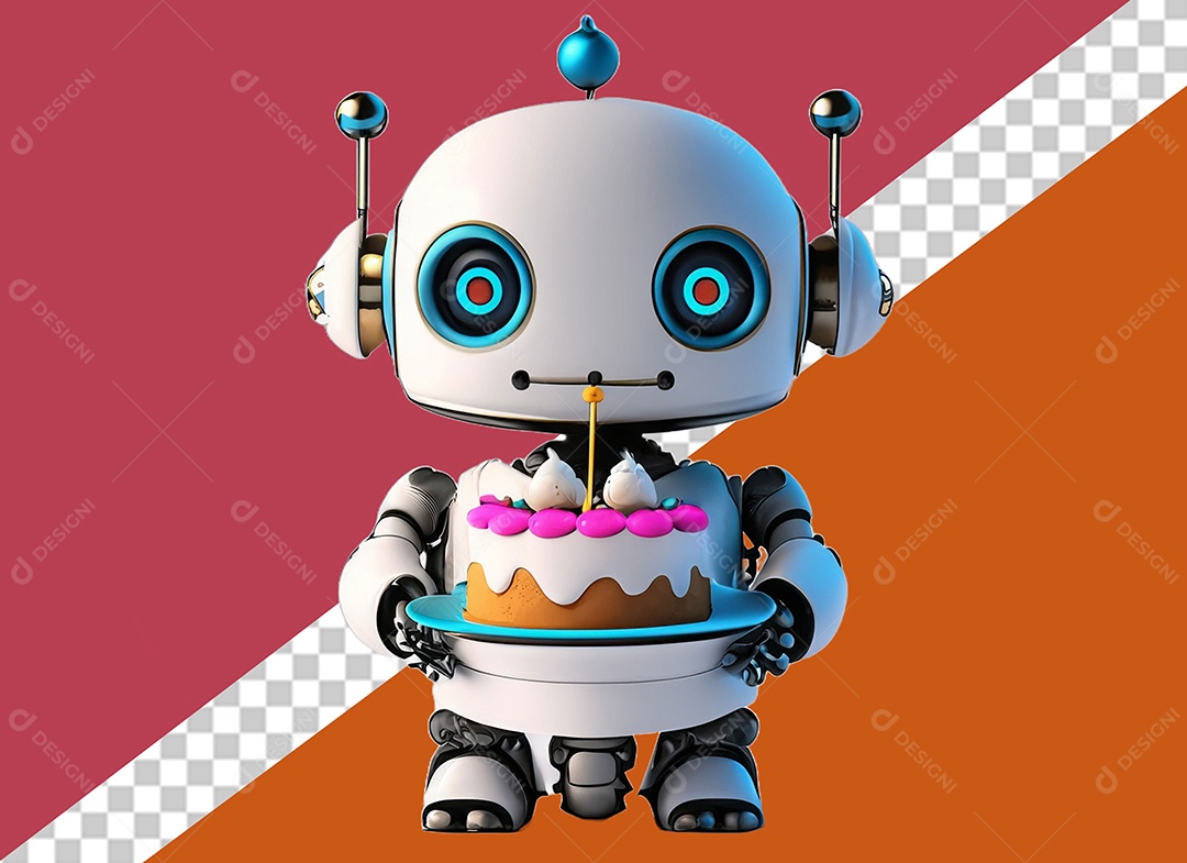 Elemento Robô 3D Branco Segurando Bolo de Aniversário para Composição PSD
