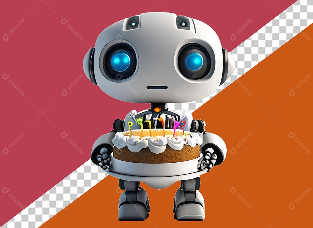 Elemento Robô 3D Branco Segurando Bolo de Aniversário para Composição PSD