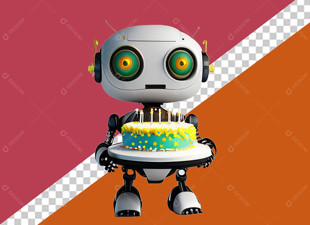 Elemento Robô 3D Branco Segurando Bolo de Aniversário para Composição PSD