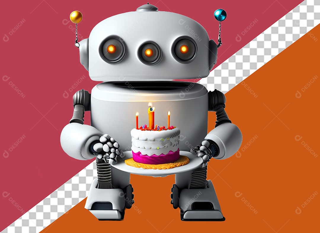 Elemento Robô 3D Branco Segurando Bolo de Aniversário para Composição PSD