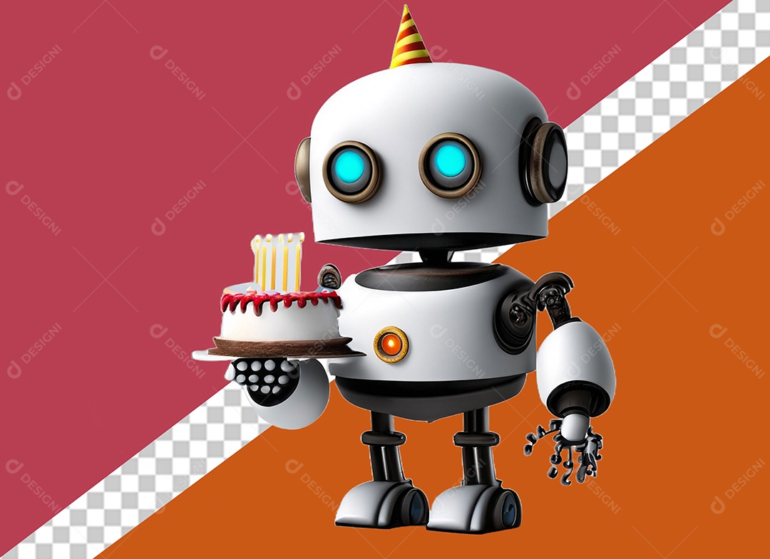 Elemento Robô 3D Branco Segurando Bolo de Aniversário para Composição PSD