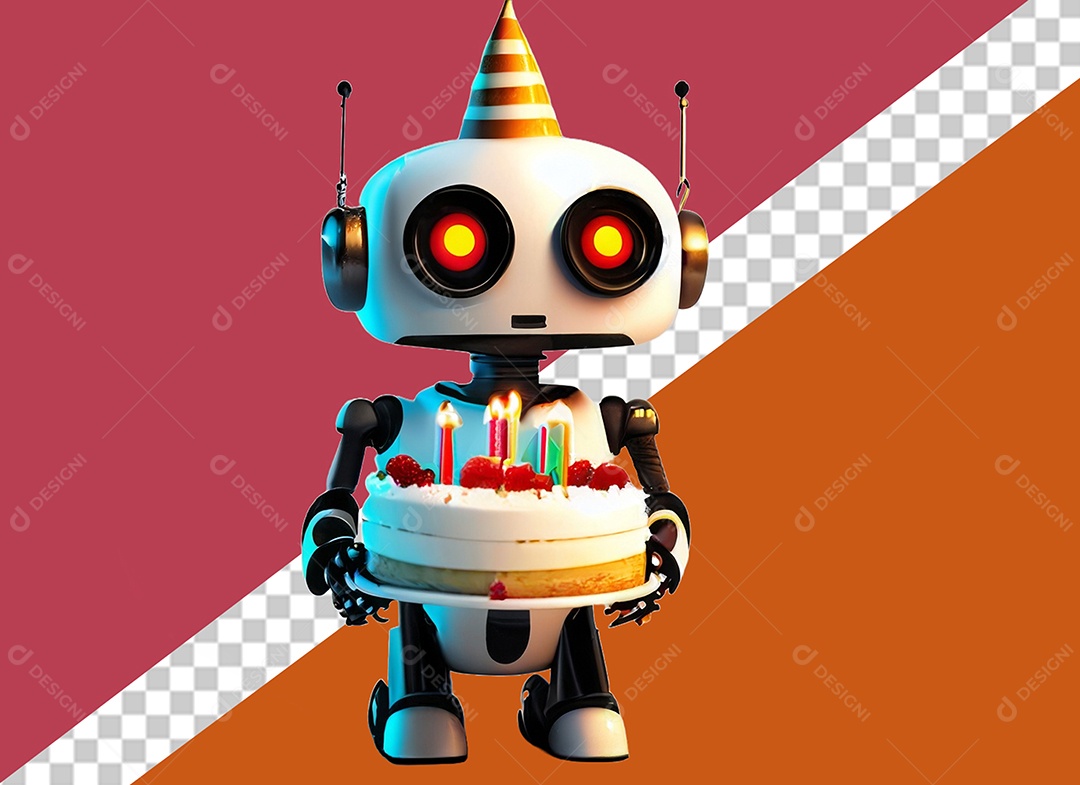 Robô 3D Branco Segurando Bolo de Aniversário Elemento para Composição PSD