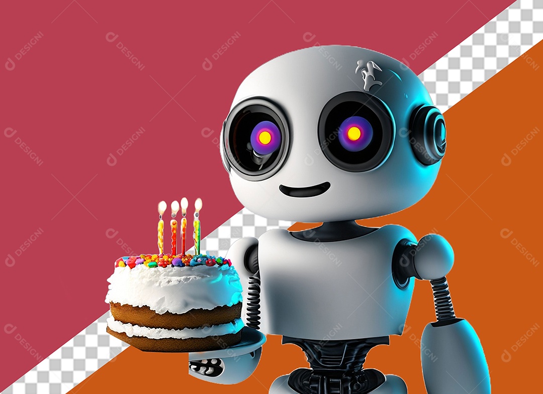 Robô 3D Branco Segurando Bolo de Aniversário Elemento para Composição PSD