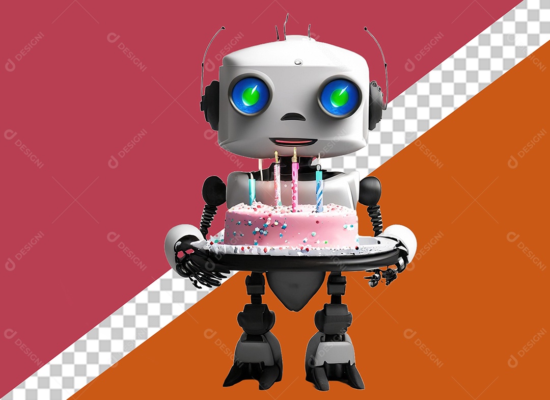 Robô 3D Branco Segurando Bolo de Aniversário Elemento para Composição PSD