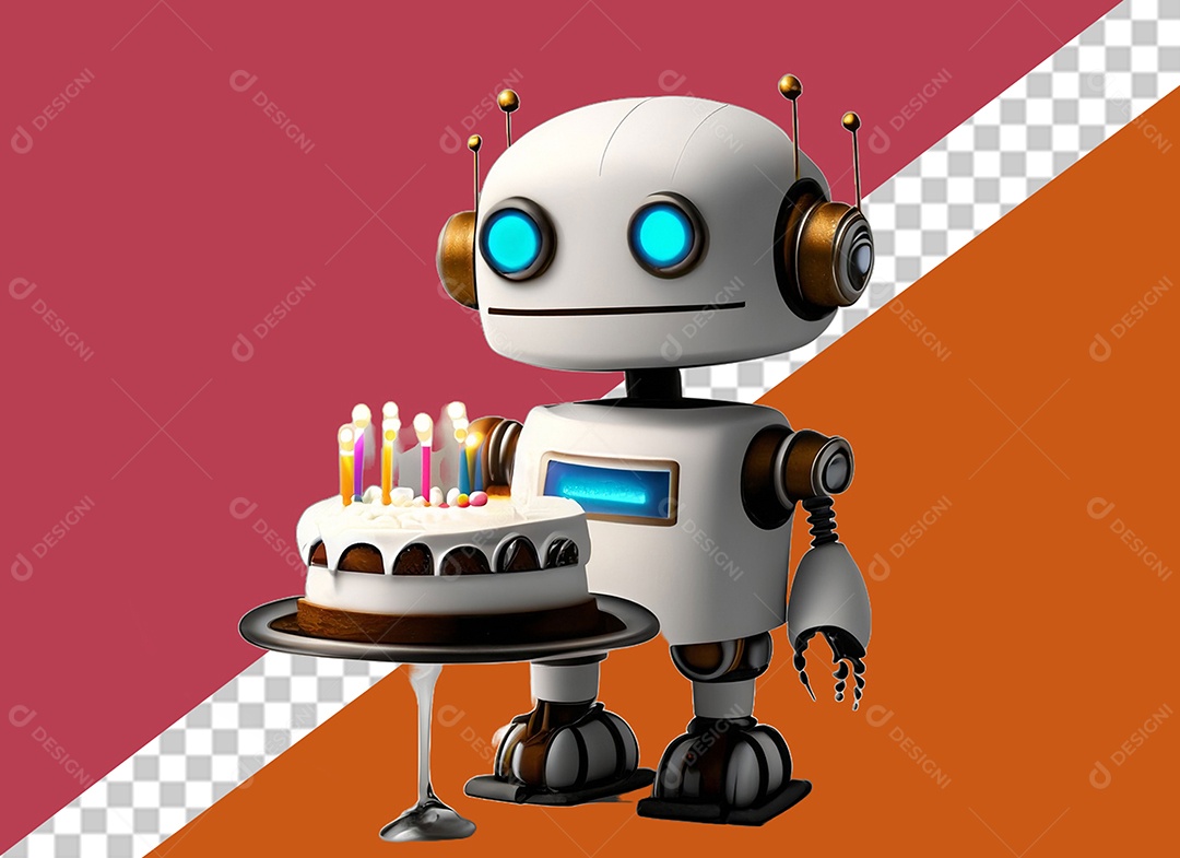 Robô 3D Branco Segurando Bolo de Aniversário Elemento para Composição PSD