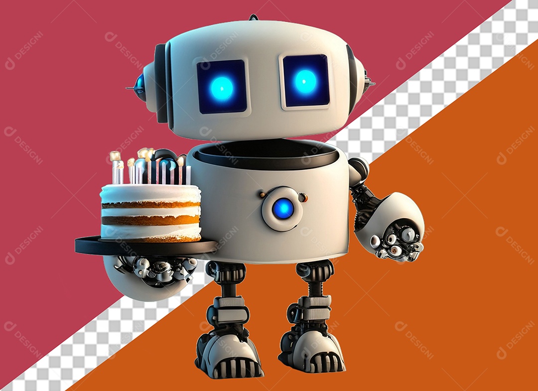Robô 3D Branco Segurando Bolo de Aniversário Elemento para Composição PSD