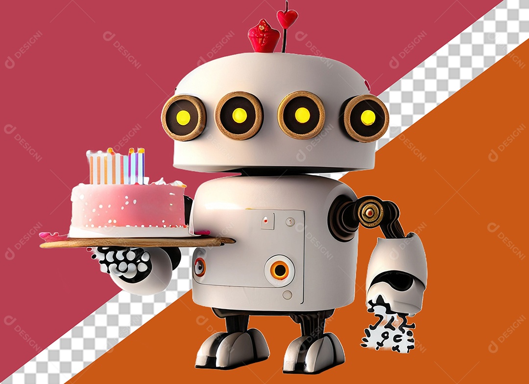 Robô 3D Branco Segurando Bolo de Aniversário Elemento para Composição PSD